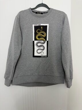 Roberto Cavalli Gray Crewneck Sweatshirt with Dual Snake Patch